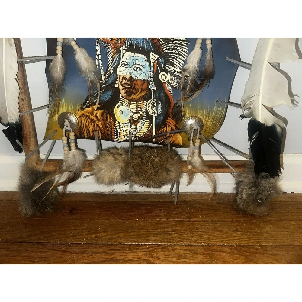 Native American Mandella Shield Hand Painted Saddle Blanket On Leather Log Frame
